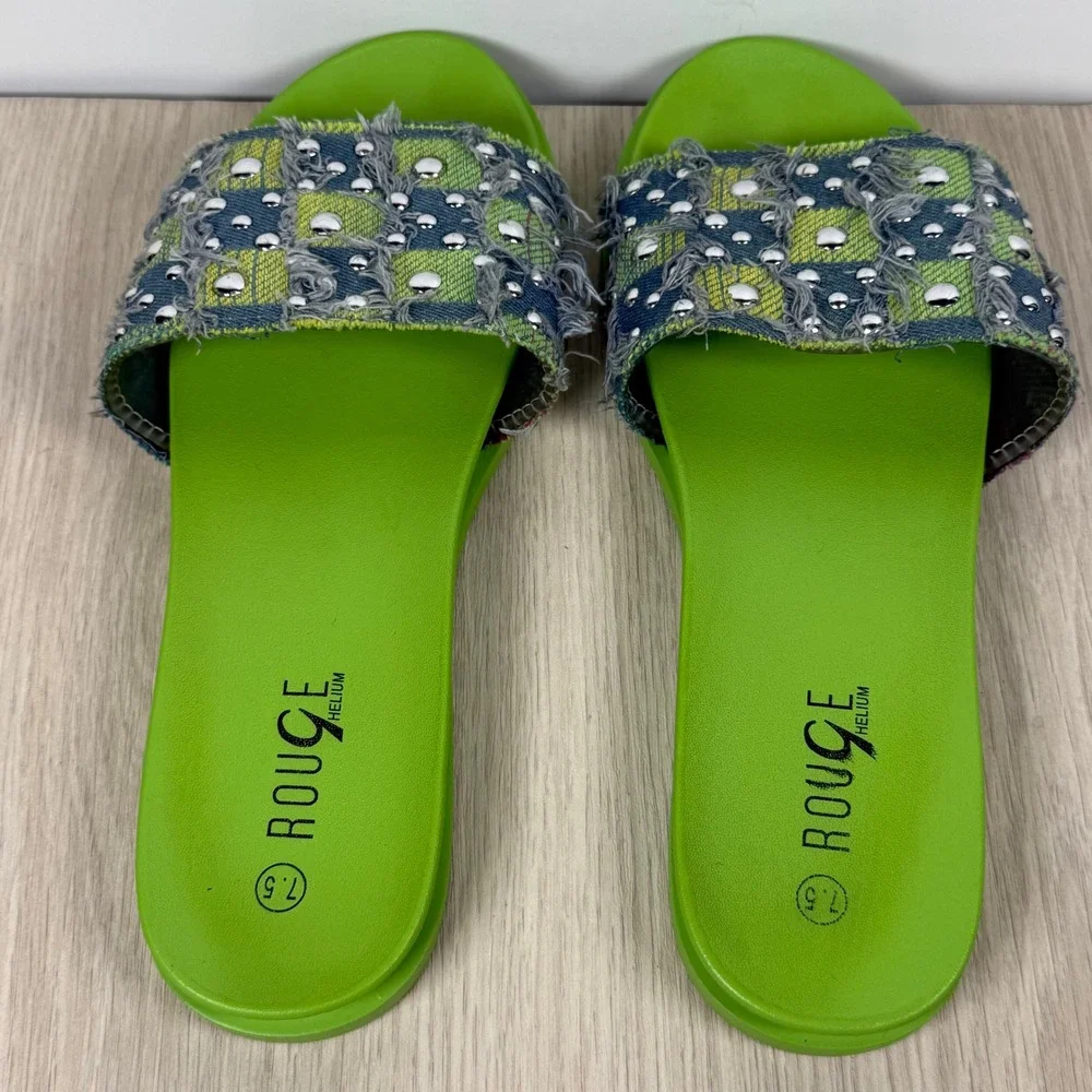 Rouge Helium Women Lime Green Studded Distressed Denim Checkered Slides Size 7.5